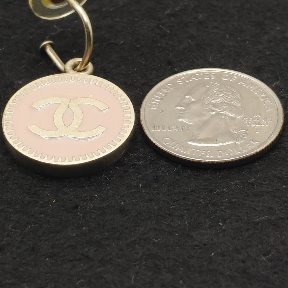 Auth CHANEL Gold & Pink CC Coco Camelia Dangle Drop Hoop Pierced Earrings EUC!